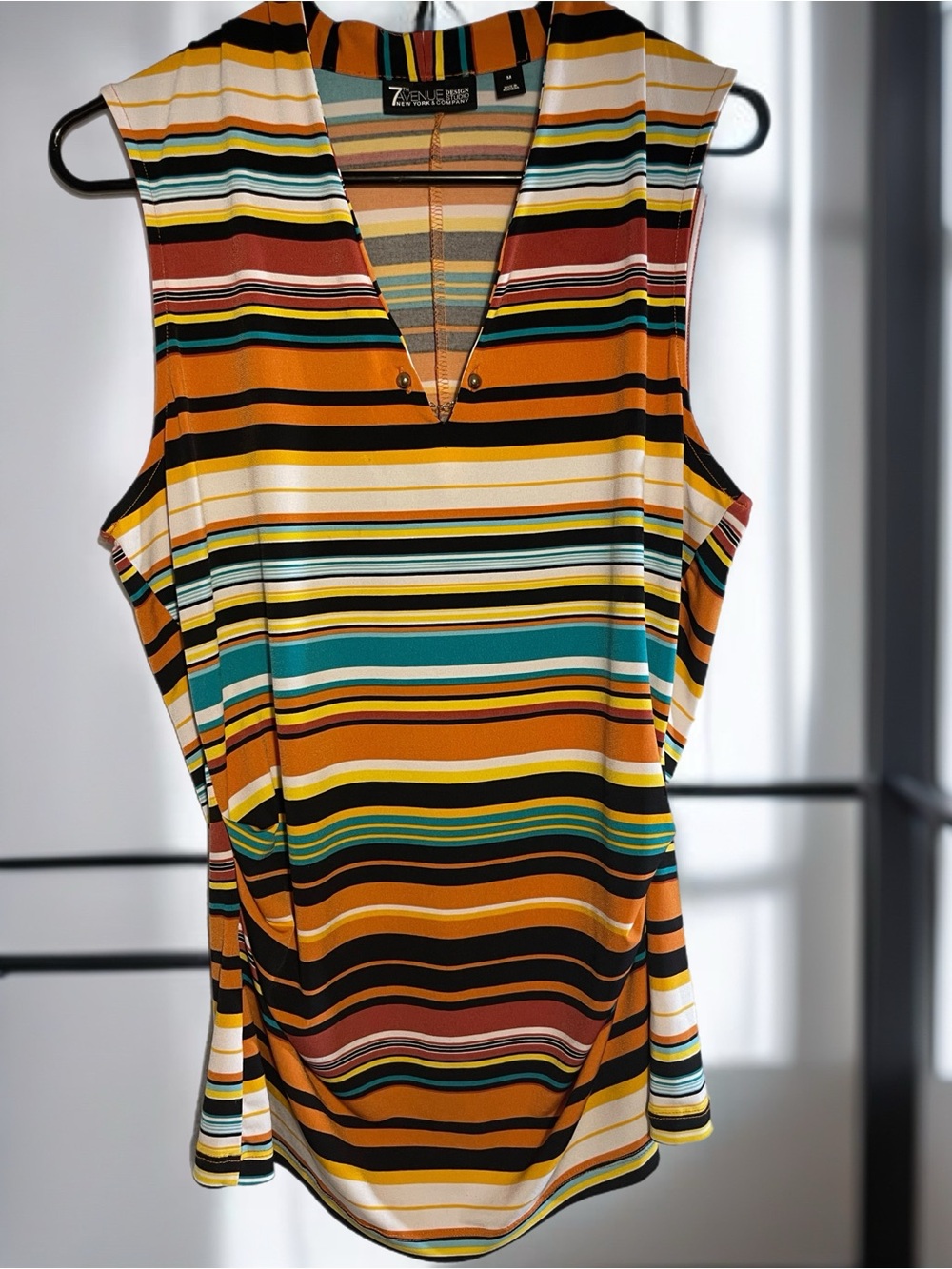 New York & Company Striped V-Neck Sleeveless Tank in Mustard, Teal & Black